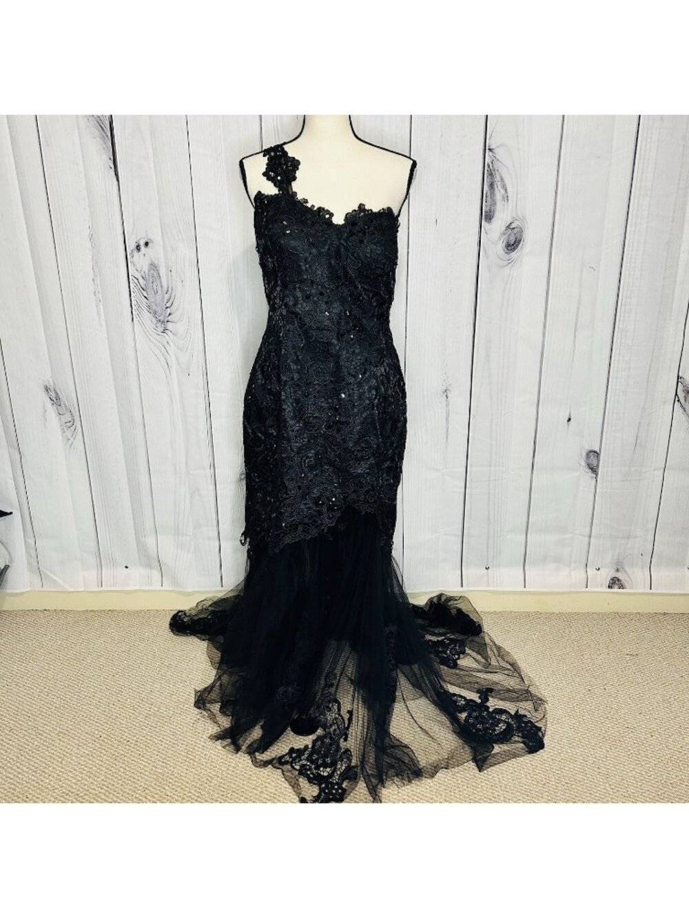 Flirt by Maggie Sottero Lace Overlay Dress Prom Pageant One Strap Sequins Sz 14